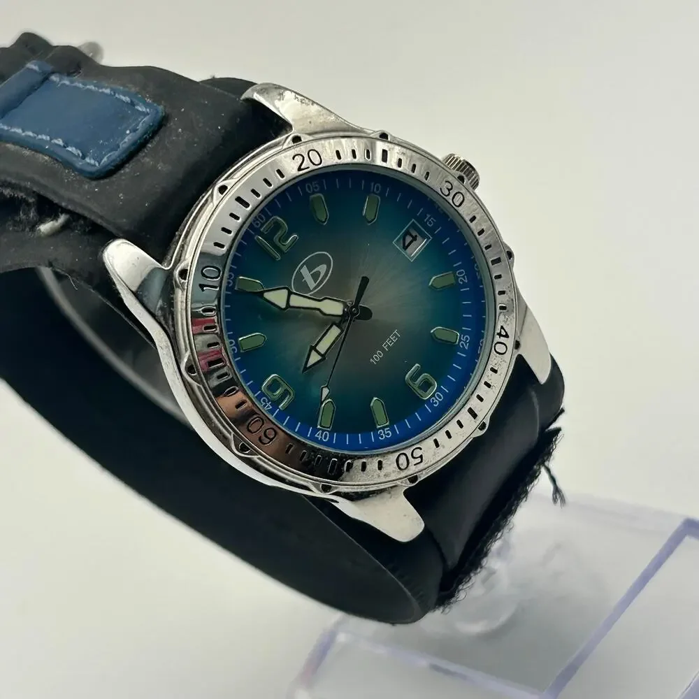 BUM Silver Tone Blue Dial Stainless Steel Watch Working New Battery